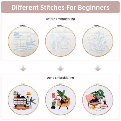 KEKEMEOW 3 Sets Embroidery Kit for Beginners, Stitches with Black Cat and Furniture, Embroidery Stitch Practice kit for Craft Lover, Needlepoint Hand Embroidery Kit with Pattern、Instruction、Hoop - color: Cat&Furnishings