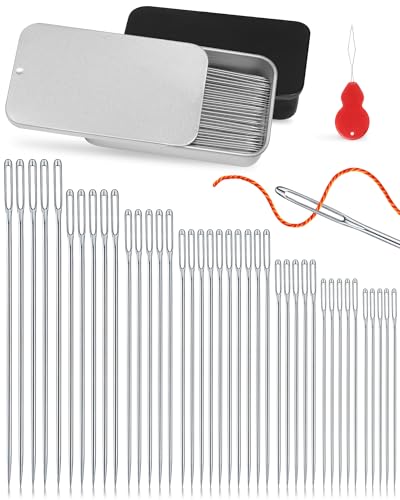 FIVEIZERO 80 PCS Large Eye Sewing Needles, Two 7 Sizes Sewing Sharp Needles, Leather Needle Embroidery Thread Needle, Stainless Steel Yarn Knitting Needles with Threaders for Handsewing Art Crafts - color: Silver 80PCS