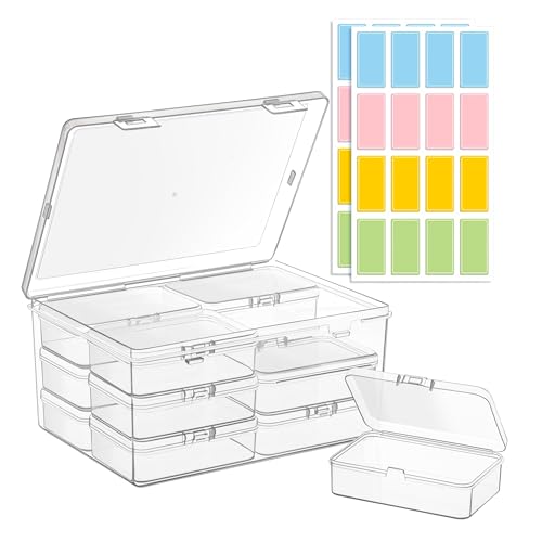 zoeynex Medium Plastic Organizer Boxes, 12 Clear Containers with Hinged Lids, for Beads, Jewelry, Crafts, Electronics, Hardware, School Supplies (32 Labels) - size: 3.3" x 2.4" x 1" (12 Pack)