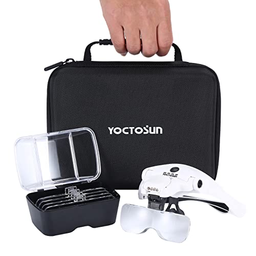 YOCTOSUN Magnifying Glass with 4 LED Lights,5 Lenses,Headband,Storage Case - color: White With Storage Case