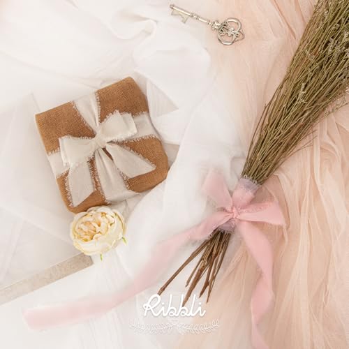 Ribbli Pink Ribbon 1 Inch x 3 Rolls Total 24 Yards Cream/Blush Pink/Rose Gold Handmade Fringe Chiffon Silk Ribbon for Wrapping Wedding Invitations Bridal Bouquets DIY Crafts Home Decor - color: Cream/Blush/Rose Gold