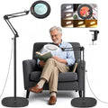 LANCOSC 15X Magnifying Glass with Light and Stand, Real Glass Lens, 5 Color Modes Dimmable, 3-in-1 Adjustable Swing Floor Lamp, LED Lighted Hands Free Magnifier & Clamp for Reading, Crafts, Painting - color: Black