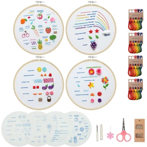 Mozzyyee 4 Sets Embroidery Starter Kit for Beginners Adults Include 4 Embroidery Clothes with Instructions Hoops Floss Thread Fabric Needles (Rainbow) - color: Rainbow