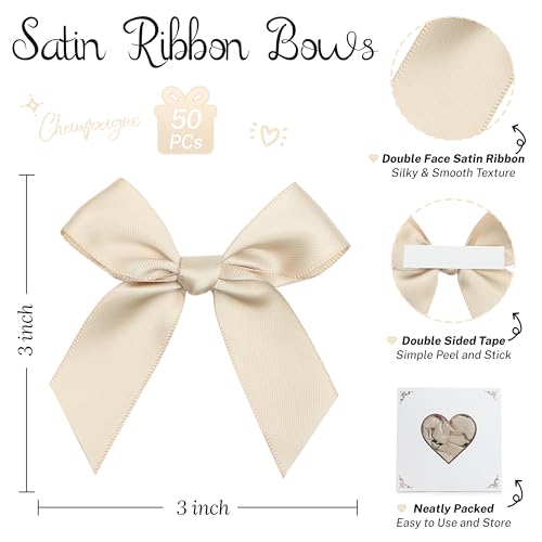 Pre-Tied Self Adhesive Champagne Satin Ribbon Bows for Crafts 3" - color: Champagne