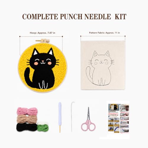 Punch Needle Kit for Beginners, DIY Black Cat Craft with Embroidery Hoop