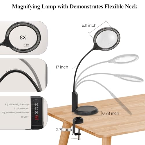 Magnifying Lamp with Clamp & Stand, 15X/8X, 5-Color & 10 Lightness Level - color: Dark Black