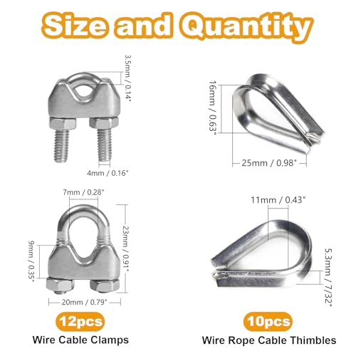 12Pcs 5/32'' M4 Wire Rope Clamps 10Pcs M4 Wire Rope Thimble - size: M4 - 5/32”