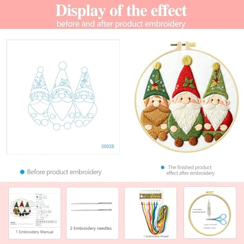 Zhenqing Christmas Gnome Embroidery Kit for Beginners, 3 Gnomes Needlework Kit with Pre-Printed Cotton Fabric, Hoop, Threads & Tools (C0028) - style: Christmas Gnome