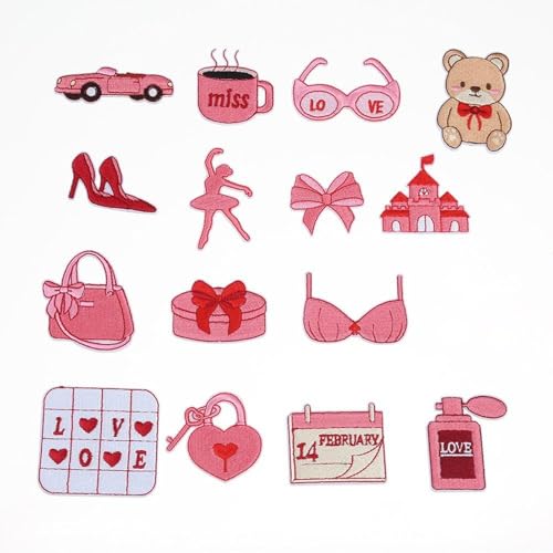 16 Pcs Pink Aesthetic Embroidery Patches with Self-Adhesive Backing, No-Sew Iron On Fabric Patches for Women's Clothing, Denim Jacket, Bag, Jeans Repair and Decoration