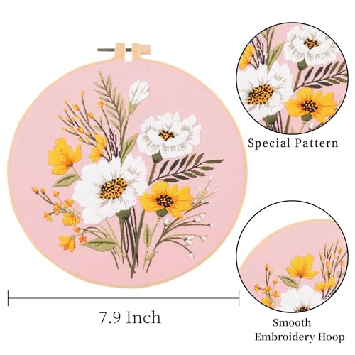 LB Sunflower Floral Embroidery Kit for Beginners Adults, 3 Sets Hand Embroidery Starter Kit with Flower Pattern and Instructions Stamped Cross Stitch Kits Include Embroidery Hoop Needles Threads - color: Pink