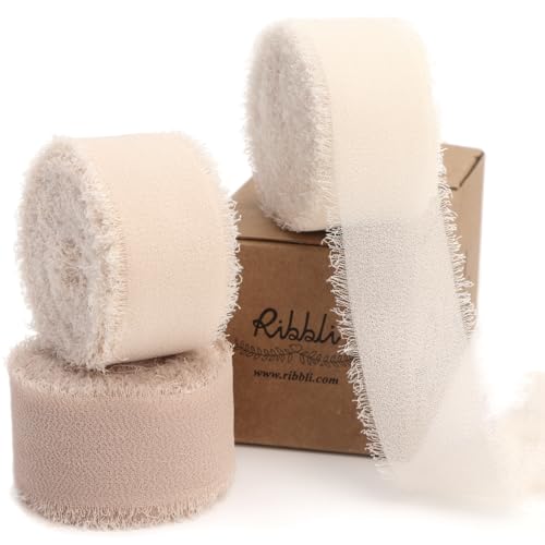 Ribbli Nude Ribbon 1 Inch x 3 Rolls Total 24 Yards Cream/Nude/Beige Handmade Fringe Chiffon Silk Ribbon for Wrapping Wedding Invitations Bridal Bouquets DIY Crafts Home Decor - color: Cream/Nude/Beige