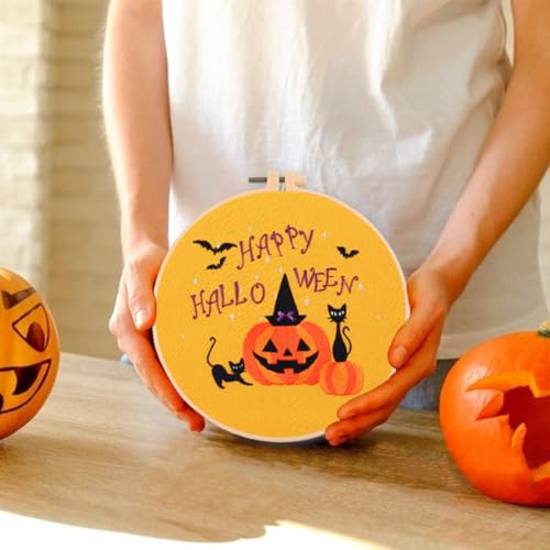 Santune 4-Pack Halloween Embroidery Kit Cross Stitch Kits for Beginners DIY Needlepoint Kit with 4 Embroidery Clothes Featuring Pumpkin Patterns,2 Hoops,Color Threads,Needles - color: Halloween Pumpkin