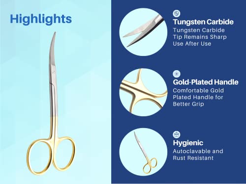 ARTMAN INSTRUMENTS Double Curved Scissors 4.5 Inch – Tungsten Carbide Inserts, Gold-Plated Handle, LaGrange Design |Dental, ENT, Eye, Dermal Scissors | Embroidery, Applique, and Fabric Stitching - size: 4.5 Inches