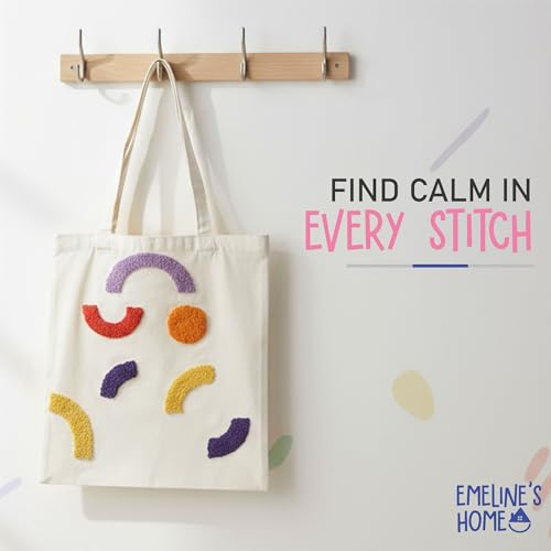 EMELINE'S HOME DIY Stitching Tote Bag Reusable - Punch Needle Kit - Punch Needle Kits Adults Beginner - Includes Printed Tote Bag, Tools, Yarn, Instructions and Video Tutorial