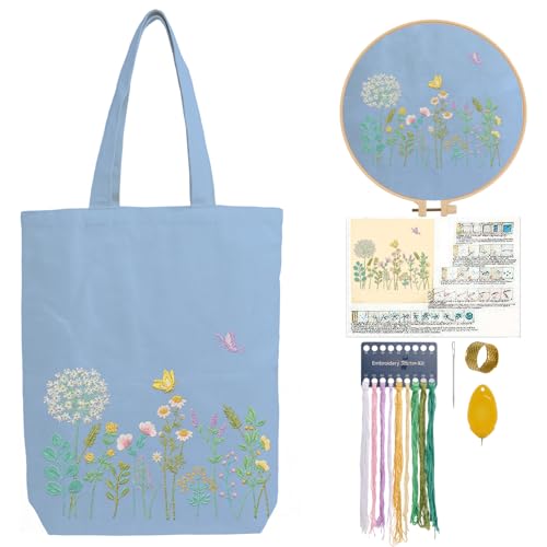 CREAWONDER Canvas Tote Bag Embroidery Kit with Pattern for Beginners, Arts and DIY Embroidery Crafts Kits for Adults, Include Instructions, Embroidery Hoops, Color Threads and Tool - color: CR002 banmeng lightblue