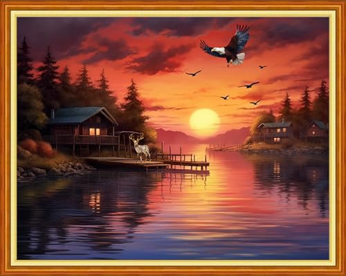 Dimensean Stamped Cross Stitch Kits Full Range of Embroidery Patterns Starter Kits for Beginners Adult DIY Cross Stitches Needlepoint Kits 11CT-Sunrise Eagle by the Lake 16x20 inch - color: Craftpattern38