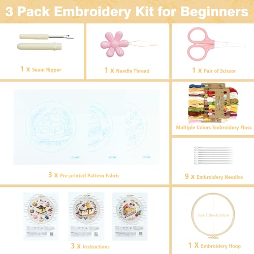 RidaaFri Embroidery Kit for Beginners, 3PC Starter Set Cake Fruit Patterns