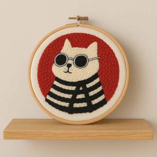 CELCRAFTIQUE Punch Needle Kits for Adults Beginner, Tool with Punch Needle Fabric, Hoops, Yarns and Sewing Needles (Style 4) - color: Retro Cat