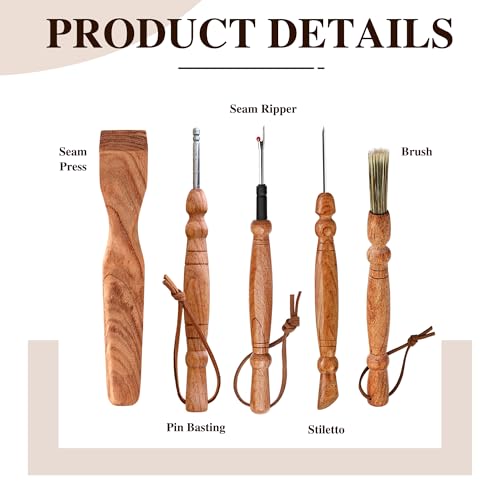 SAVINA Set 5 Wooden Sewing Tool - Seam Ripper, Seam Press, Stiletto, Basting Pin Tool, Cleaning Brush - Premium Hardwood Handles for Quilting & Hand Sewing