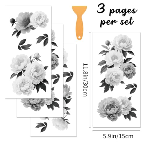 3 Sheet Retro Black and White Peony Flower Furniture Decals, Cabinet Stickers for Dresser Drawer Kitchen Vanity Farmhouse Vinyl Stickers Easy Peel and Stick, Medium Pattern 6"x12" - style: Peony-Black and White