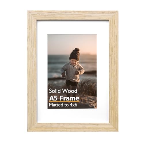 KINLINK A5 Picture Frame, Natural Solid Wood Frame with Acrylic Plexiglass for Pictures 4x6 with Mat or A5 without Mat, Tabletop and Wall Mounting Display Photo Frame 1 Pack - color: Natural, size: A5