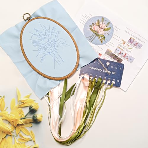 FONNUY Ribbon Embroidery 3D Flowers Pattern Design Kit Embroidery DIY Handwork Set Oval Home Decoration (Champagne Rose) - style: Champagne Rose