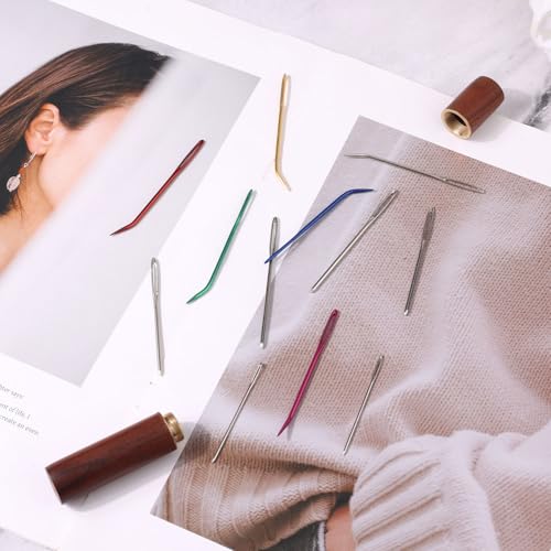 12pcs Large Eye Sewing Needles Kit, Aluminum Large-Eye Blunt Needles with Bent Tapestry Needles & Wooden Needle Case Hand Knitting Needles for Crochet Quilting Beading Projects