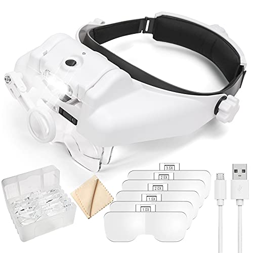 Dilzekui Magnifying Glass with Light 1X-14X, Rechargeable Headset Magnifier - color: White