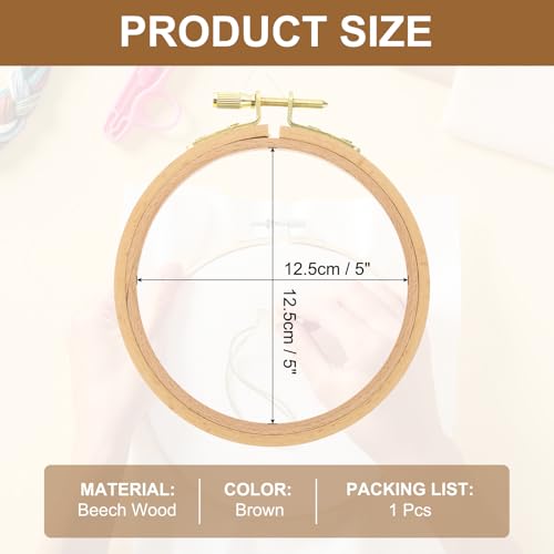 PATIKIL 5 Inch Beech Wood Embroidery Hoops, Circle Cross Stitch Hoop Frames Arc Side Embroidery Hoop Ring with Adjustment Brass Screw for Sewing, Needlework, DIY Craft Decoration - size: 5 Inch
