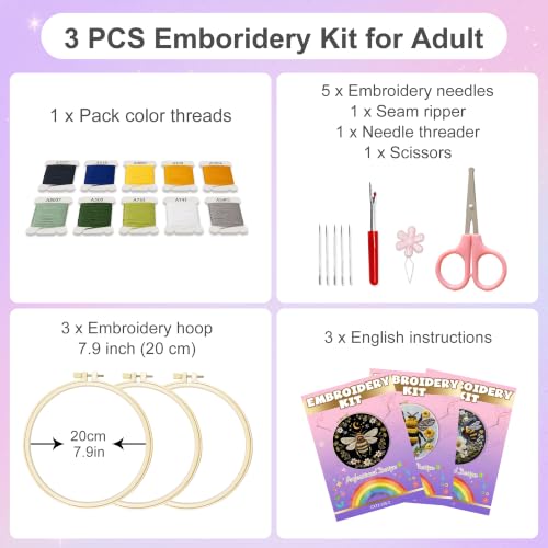 Huacan Embroidery Kit for Adults Beginners with 3 Hoops & Gift Box - color: Bees