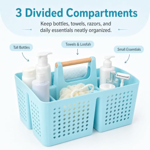 Portable Shower Caddy Basket with 3 Compartments and Handle, Light Blue - color: Light Blue
