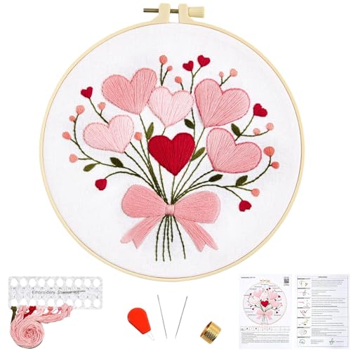 Heart Flower Embroidery Kits for Beginners Adults, Pink Embroidery Starter Kits, Counted Cross Stitch Kits for Adults Anniversary Valentine's Day Gift, Embroidery Hoops, Fabric Thread & Video Tutorial - color: H2033, size: 8Inch
