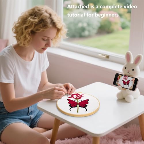 Butterfly Rose Embroidery Kits for Beginners Adults, Valentine's Day Hand Embroidery Kits, Cross Stitch Kits for Adult Anniversary Valentine's Gifts, Entire Set of Embroidery Supplies & Video Tutorial - color: H2068