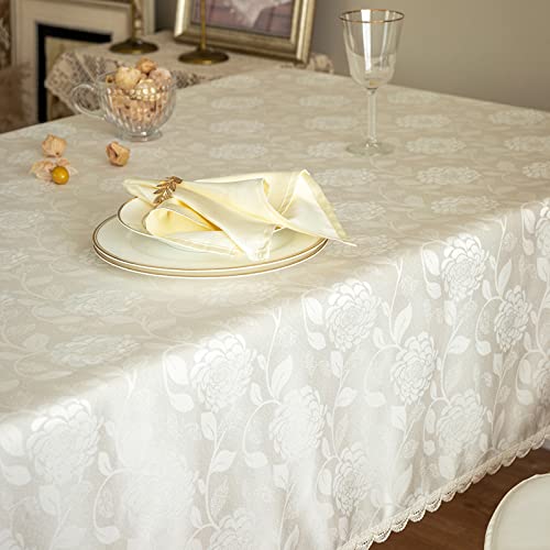 GLORY SEASON Textured Tablecloth Waterproof Spillproof Lace Trim Rectangle Damask Fabric Table Cloth for Wedding Kitchen Dinning Tabletop Decoration,Oblong Table Cover 55 x 86 Inch,Ivory White - size: 86" x 55" (Rectangular)