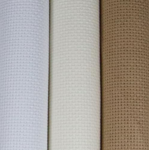 KCS 3 pc of 15" x 18"(38cmx45cm) 14 Count Cross Stitch Cotton Aida Cloth Needlework Rolled Fabric Box,14CT,White+Antique White+Khaki - color: White+antique White+khaki, size: 14CT