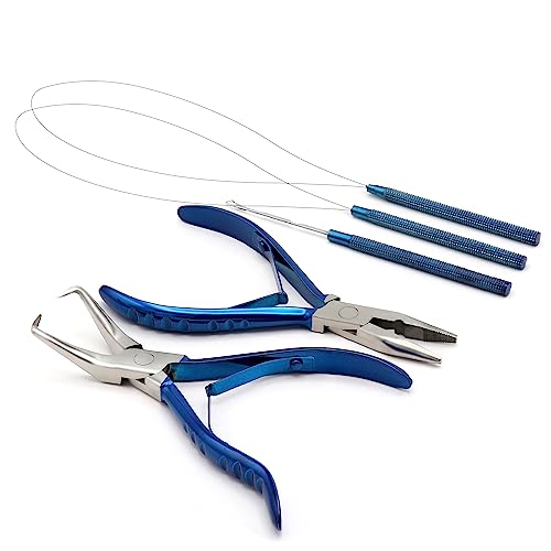 Professional Hair Extension & Beading Tool Kit Remove Plier Set for beads (4 Piece) I-Link Micro Ring Loop Needle Pulling Hook Threader Wire for Silicone Rings (Blue) - color: Blue