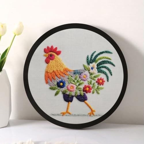 Esffaci Embroidery Starter Kit for Adult Beginner with Funny Rooster Flowers Pattern Hand Embroidery Set with Cloth Hoop Needle Threader Floss and Instruction - color: Rooster