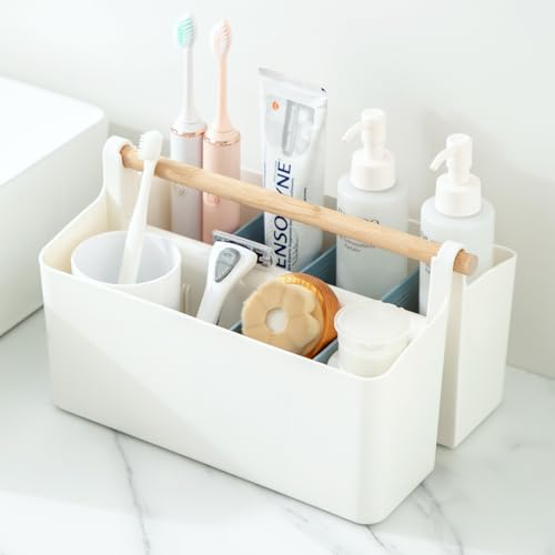 Vidifor Large Portable Basket with Handle, Plastic Craft Storage Organizer Caddy Tote with Adjustable Divided for Makeup Art Supplies, Sewing, Colored Pencils-Blue - color: White+Blue