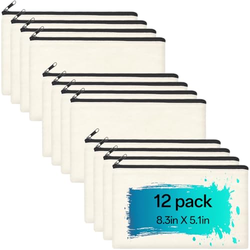ZeeDix Small Canvas Zipper Pouch for Makeup Pencil Travel Storage 8.3x5 In - color: Beige, style: 12 Pcs