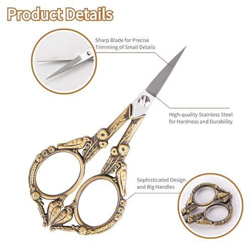 Embroidery Scissors, Small Sharp Pointed Sewing Scissors for Cross Stitch Cutting Embroidery Sewing Handcraft Craft Art Work DIY Tool with PU Leather Sheath (Vintage color) - color: Vintage Color