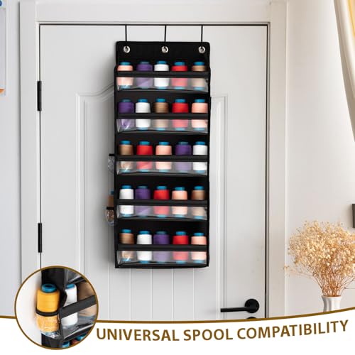 Tegeme 5-Tier Hanging Thread Holder with PVC Window & Side Pocket,Black - color: Black