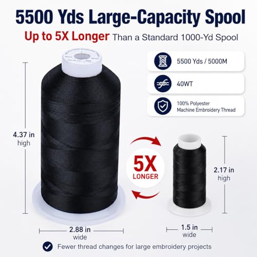 Simthread Embroidery Machine Thread 5000M 40WT Polyester, Black 900 - color: Black