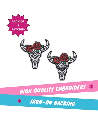 Floral Steer Skull Patch, 2.5" x 2.5", Embroidered Iron-On for Hats, Bags, Jackets, 2-Pack - color: Floral Steer Skull