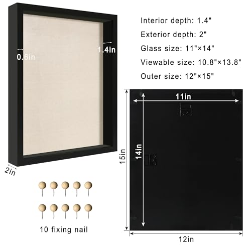 11x14 Shadow Box Display Case with Tempered Glass, Black Wooden Large Memory Shadow Box Frame with Soft Linen Back - color: Black, size: 11x14