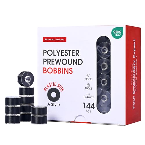 Poolin Prewound Bobbins Richword Selected 144pcs (Class 15) Size A Plastic Sided, 70D/2(60WT) Polyester Bobbin Thread for Single Needle Embroidery and Sewing Machine, Black - color: Black 144pcs