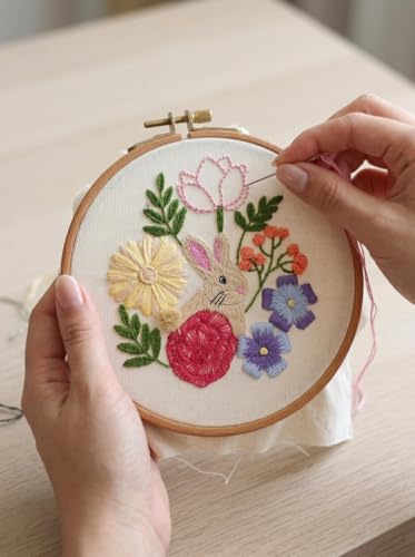 Embroidery Kit for Beginners Adults & Teens - Complete Starter Set with Rabbit & Flower Patterns, Practice Samples, Embroidery Hoop, Threads & Needles - DIY Hand Embroidery Craft Gift
