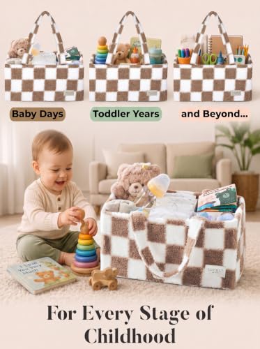 Baby Diaper Caddy Organizer with Waterproof Changing Pad, Checkered Taupe - color: 5/ Checkered Taupe Diaper Caddy with changing pad