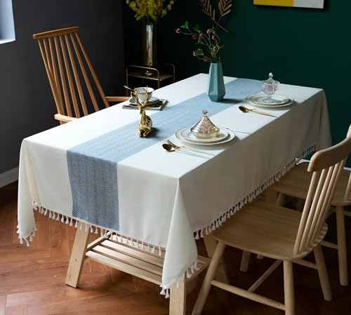 Oubonun Tablecloths for Rectangle Tables - color: Beige，blue Stripe, size: 86" x 55" (Rectangular)