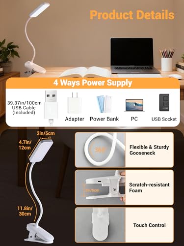 Clip on Light,45 Lighting Modes Rechargeable Desk Lamp with Clamp - color: White