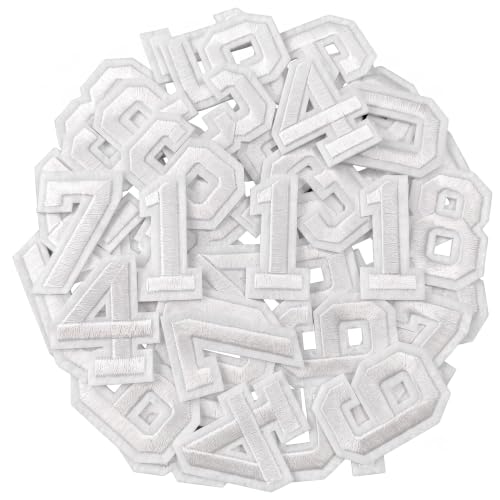 Jongdari 30 Pcs Iron on Numbers for Clothing, Small Embroidery Number Patches with Ironed Adhesive 3 Sets 0-9 Iron-On Number Applique for Jersey Shirts Jackets Hats Jeans Shoes Bags (White) - color: White, size: 30 Numbers